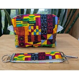 Embroidered MAKEUP Cosmetic Toiletry Ankara African Fabric +Matching Key Fob SET